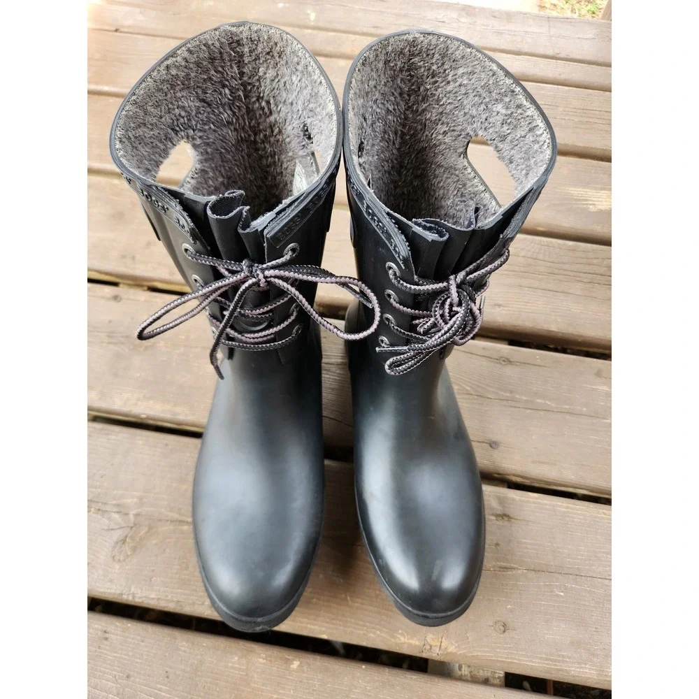 Bogs Amanda II Lace-up Rubber Rain Boots Black Waterproof Faux Fur Lined Women 9